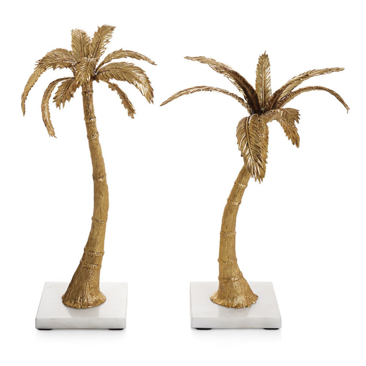 Antique Gold Palm Frond Candleholders Set with Marble Base