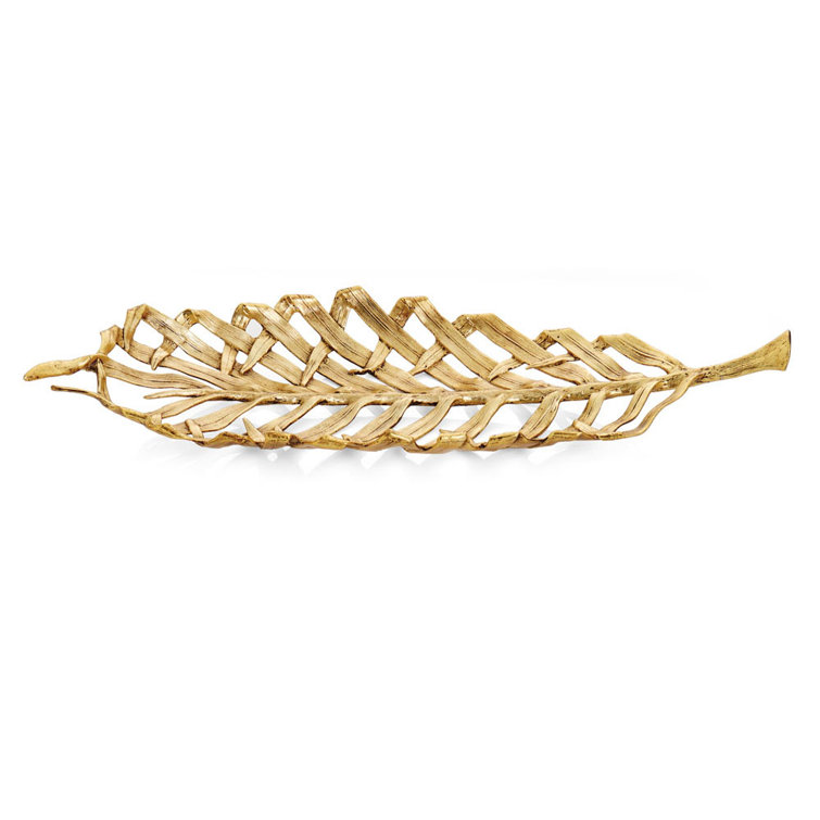 Antique Goldtone Handmade Metal Palm Leaf Centerpiece Platter