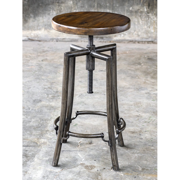 Adjustable Swivel Industrial Brown Wood and Metal Bar Stool