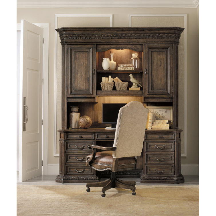 Traditional High Back Brown Leather Swivel Chair with Wood Base