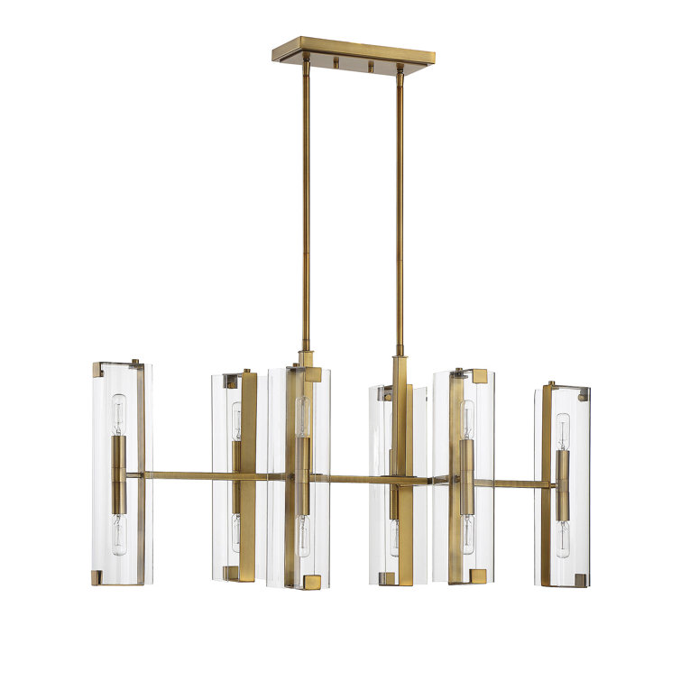 Warm Brass 12-Light Linear Chandelier with Clear Glass Shades