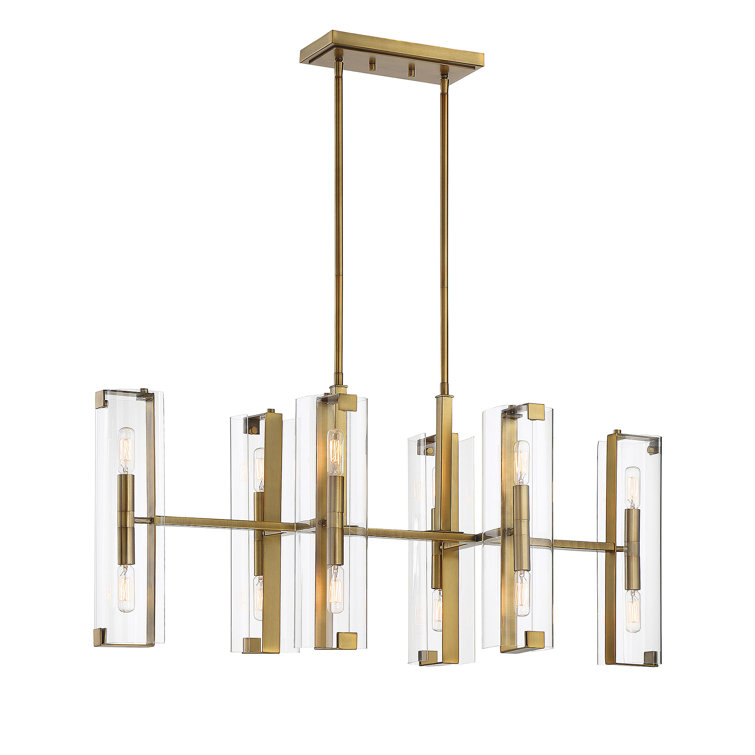 Warm Brass 12-Light Linear Chandelier with Clear Glass Shades