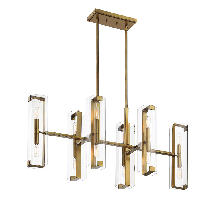 Warm Brass 12-Light Linear Chandelier with Clear Glass Shades