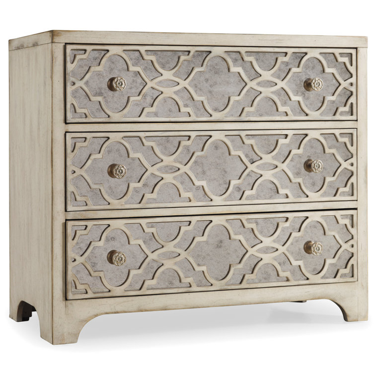White Mirrored 3-Drawer Accent Chest with Fretwork
