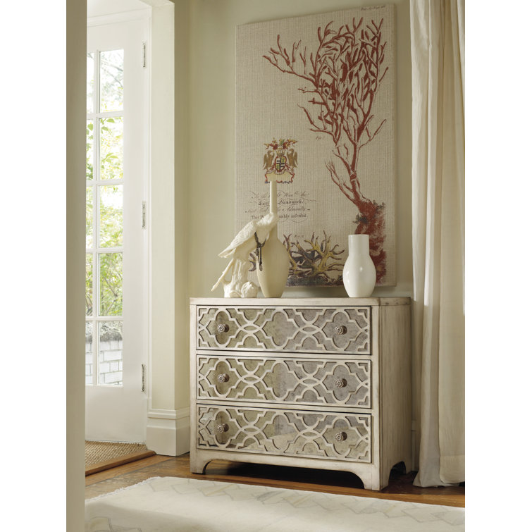White Mirrored 3-Drawer Accent Chest with Fretwork