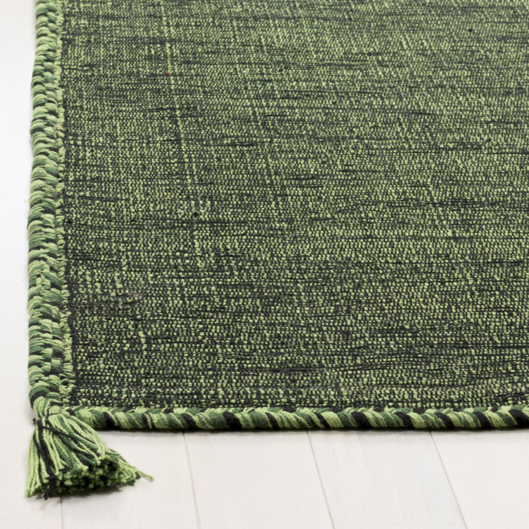 Handmade Green and Black Cotton Flat Woven Reversible Rug, 2' x 3'