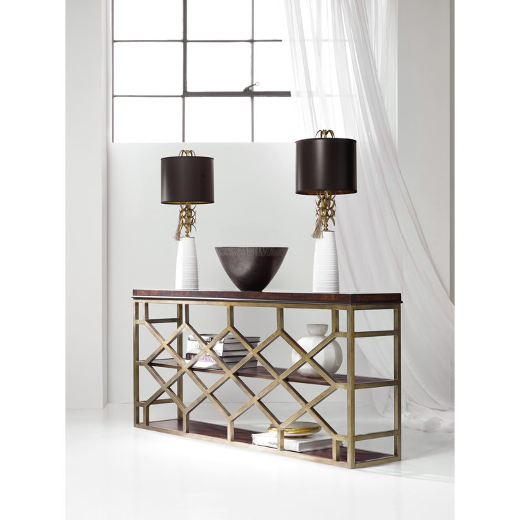 Brown and Gold Rectangular Wood Metal Console Table with Storage