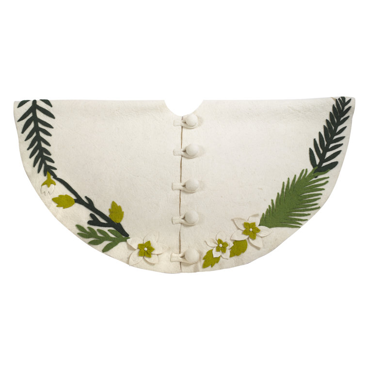 Handmade Cream Felt Christmas Tree Skirt with Greenery Border