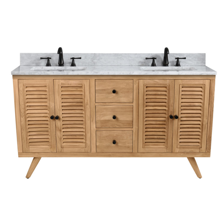 Transitional 61" Teak Double Vanity with Marble Top & Undermount Sinks