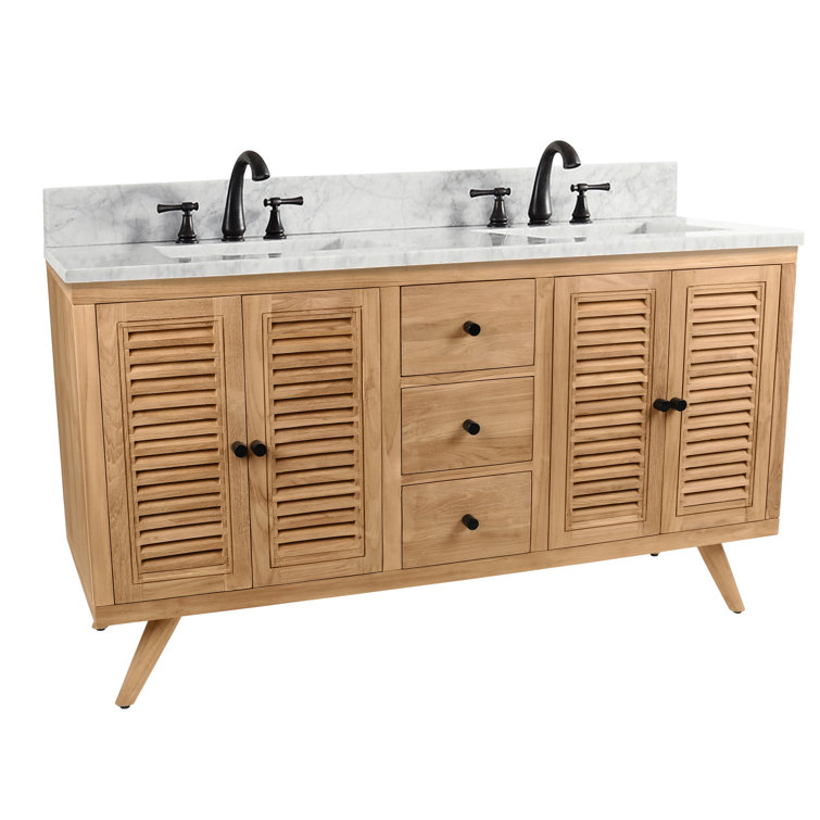 Transitional 61" Teak Double Vanity with Marble Top & Undermount Sinks