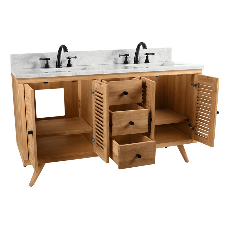 Transitional 61" Teak Double Vanity with Marble Top & Undermount Sinks