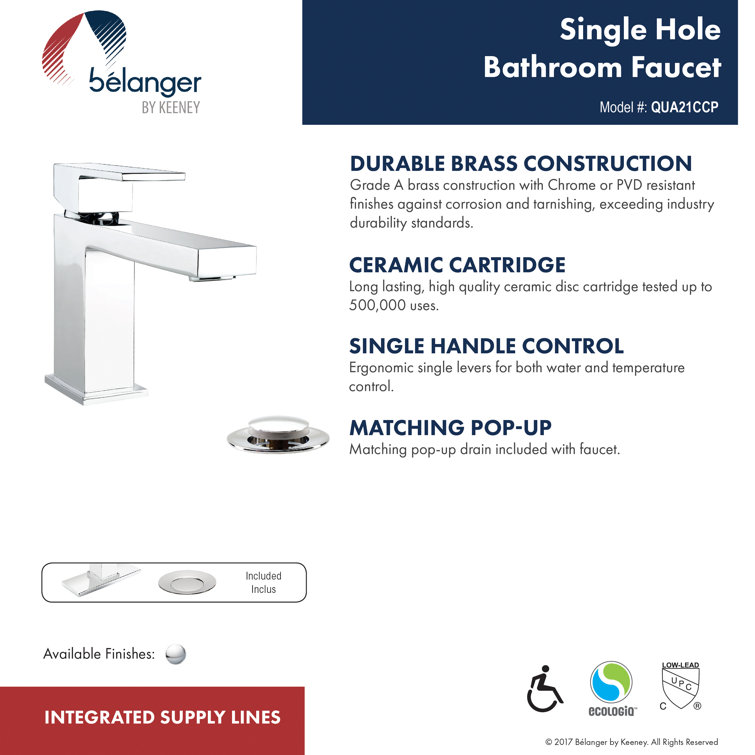 Quadrato Polished Chrome Single Handle Bathroom Faucet with Drain
