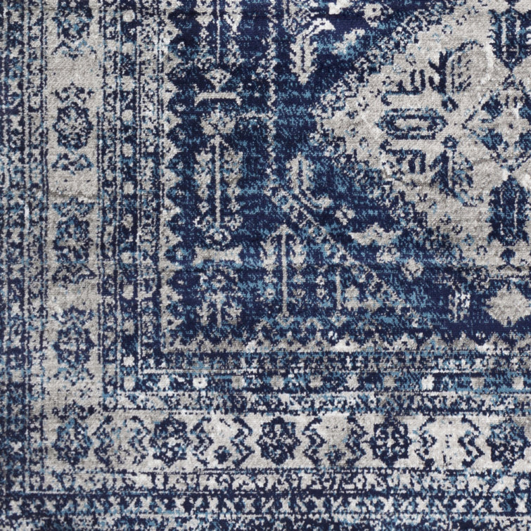 Navy and Ivory Rectangular Oriental Machine-Woven Rug