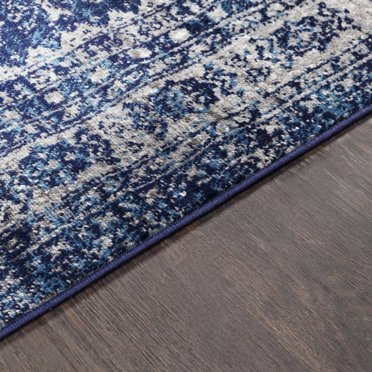 Navy and Ivory Rectangular Oriental Machine-Woven Rug