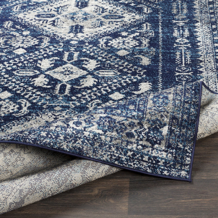 Navy and Ivory Rectangular Oriental Machine-Woven Rug