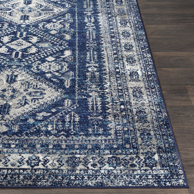 Navy and Ivory Rectangular Oriental Machine-Woven Rug