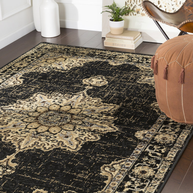 Handmade Black and Beige Synthetic Rectangular Area Rug