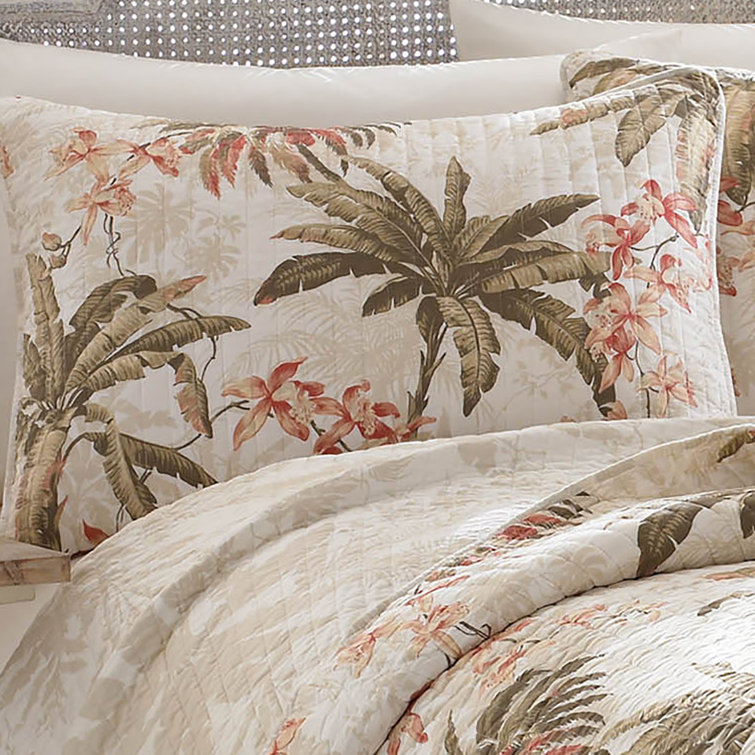 Tropical White Full/Queen Reversible Cotton Quilt Set with Palm Design