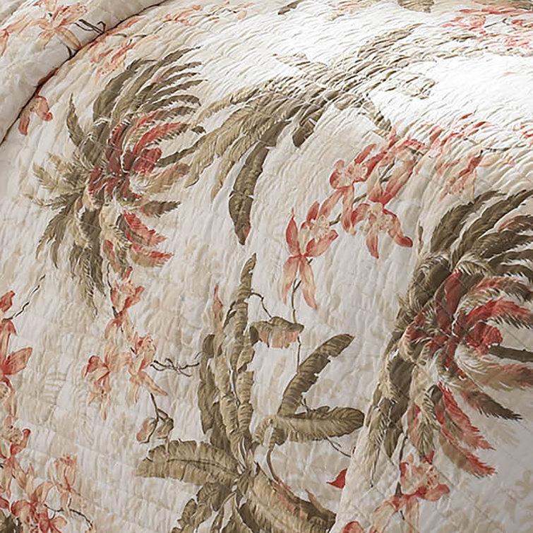 Tropical White Full/Queen Reversible Cotton Quilt Set with Palm Design