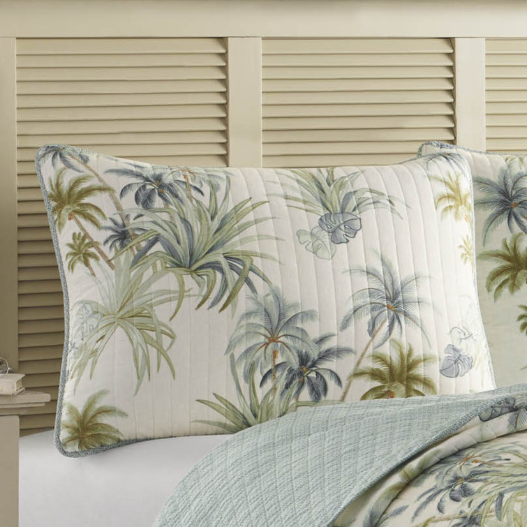 Standard Aqua Embroidered Cotton Sham Set with Tropical Design