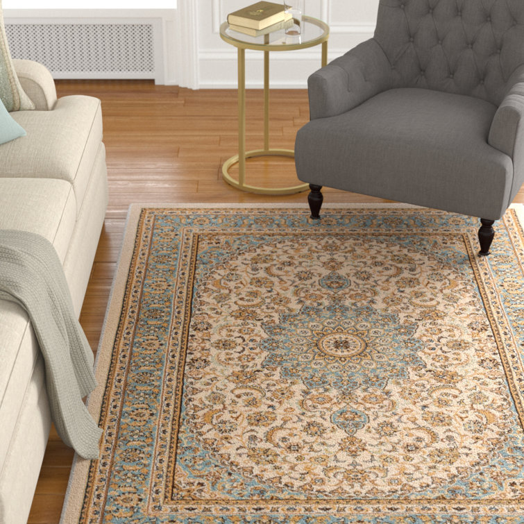 Ivory and Beige Medallion Synthetic Rectangular Rug