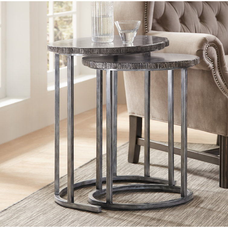 Sleek Black Metal & Wood Round Nesting Accent Tables