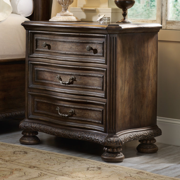 Traditional Walnut 3-Drawer Nightstand with Carved Details