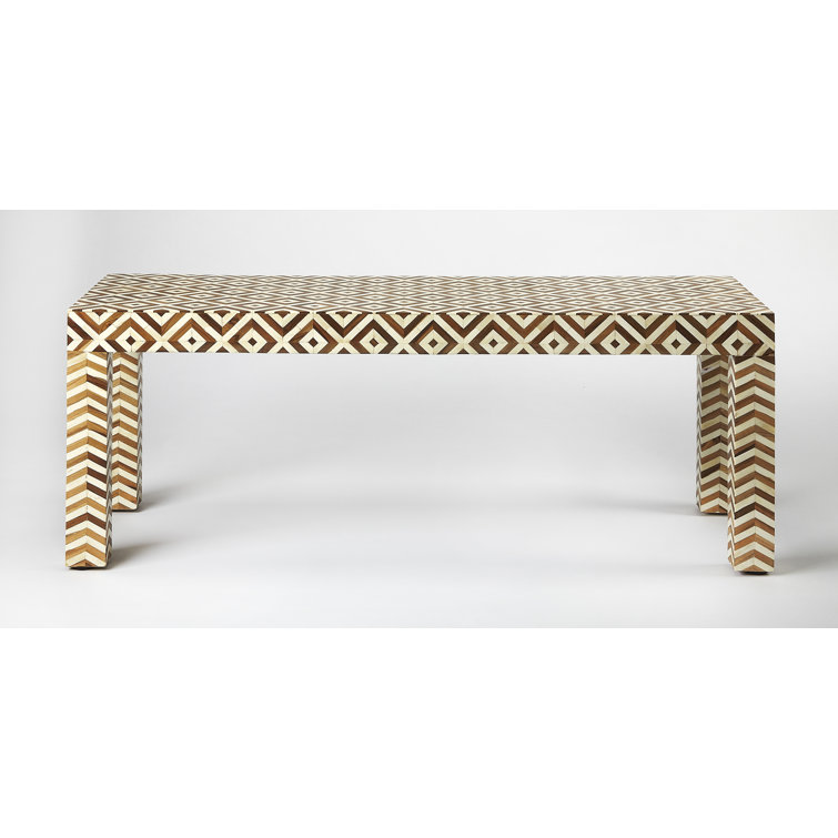 Geometric Cream & Brown Teak Bone Inlay Bedroom Bench with Storage