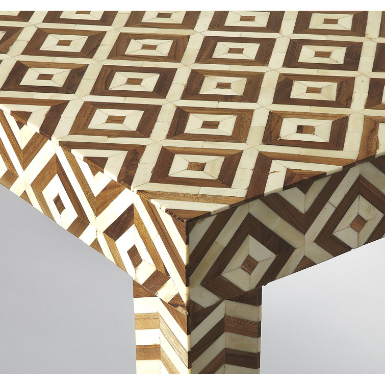 Geometric Cream & Brown Teak Bone Inlay Bedroom Bench with Storage