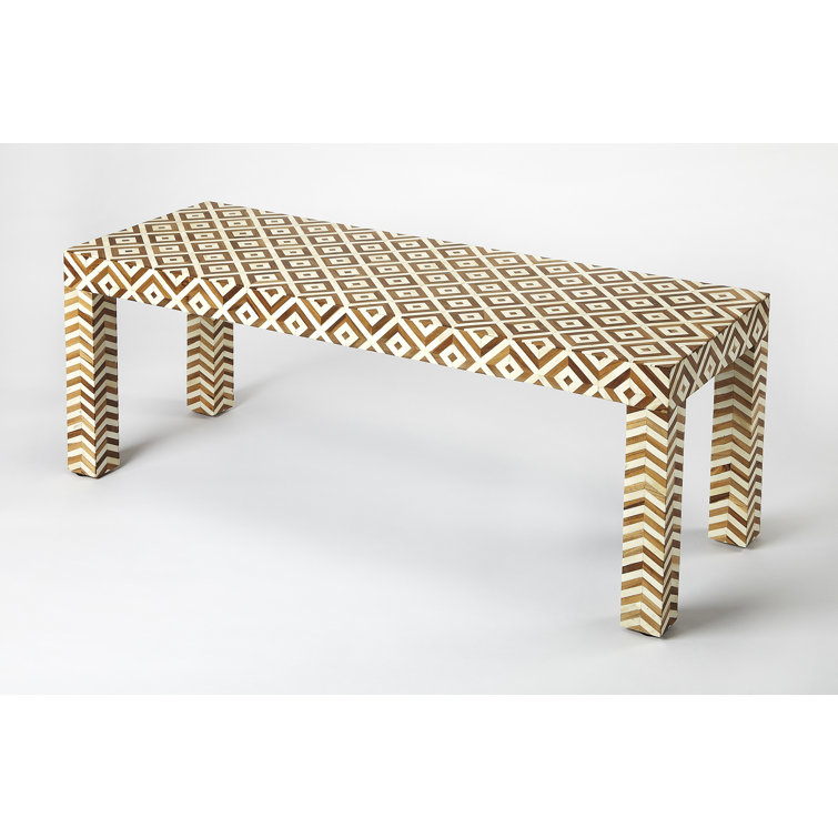 Geometric Cream & Brown Teak Bone Inlay Bedroom Bench with Storage