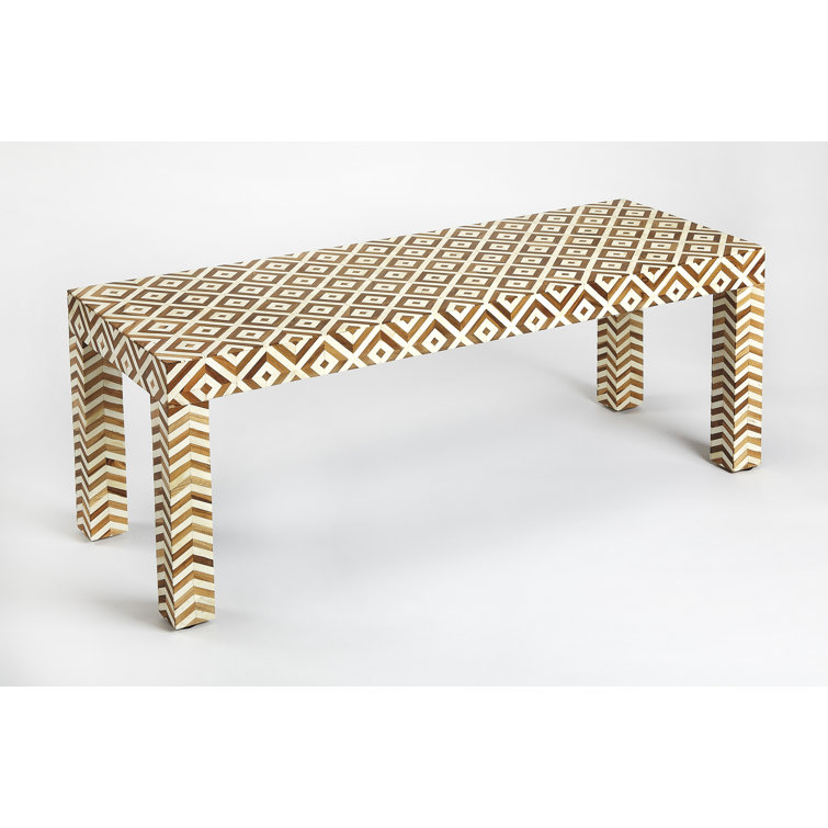 Geometric Cream & Brown Teak Bone Inlay Bedroom Bench with Storage