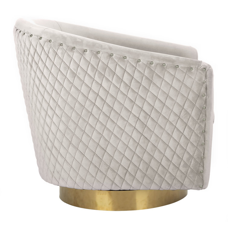 Transitional Pale Taupe Velvet Swivel Barrel Chair with Gold Legs