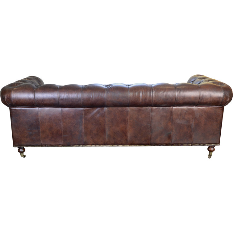 Idalia 87" Brown Leather Chesterfield Sofa with Rolled Arms