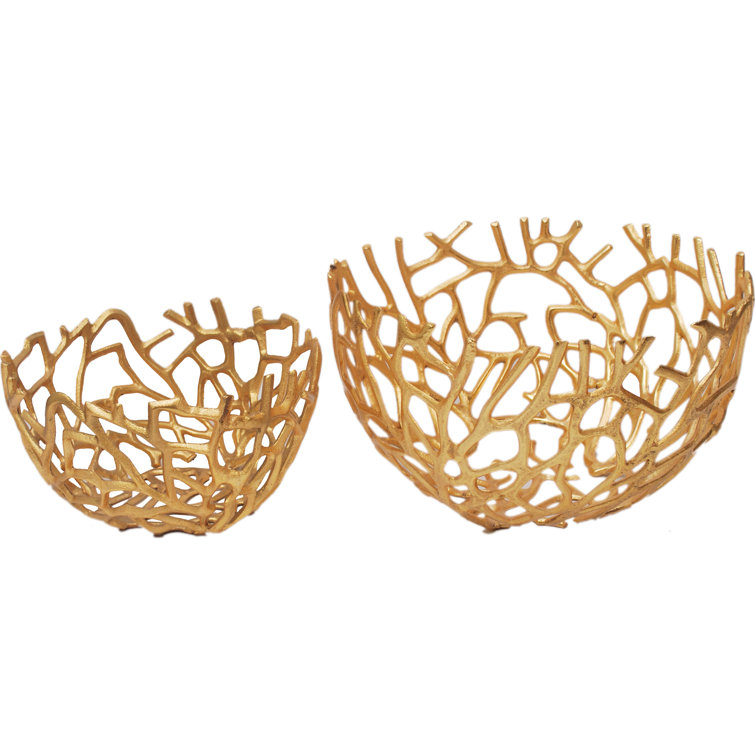 Gold Aluminum Contemporary Decorative Bowl Set of Two