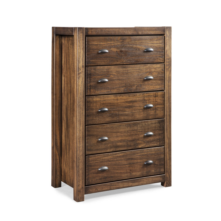 Rustic Walnut Solid Wood 5-Drawer Chest with Deep Drawers