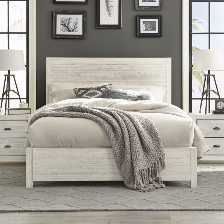 Rustic Off-White Solid Pine Wood Full Panel Bed