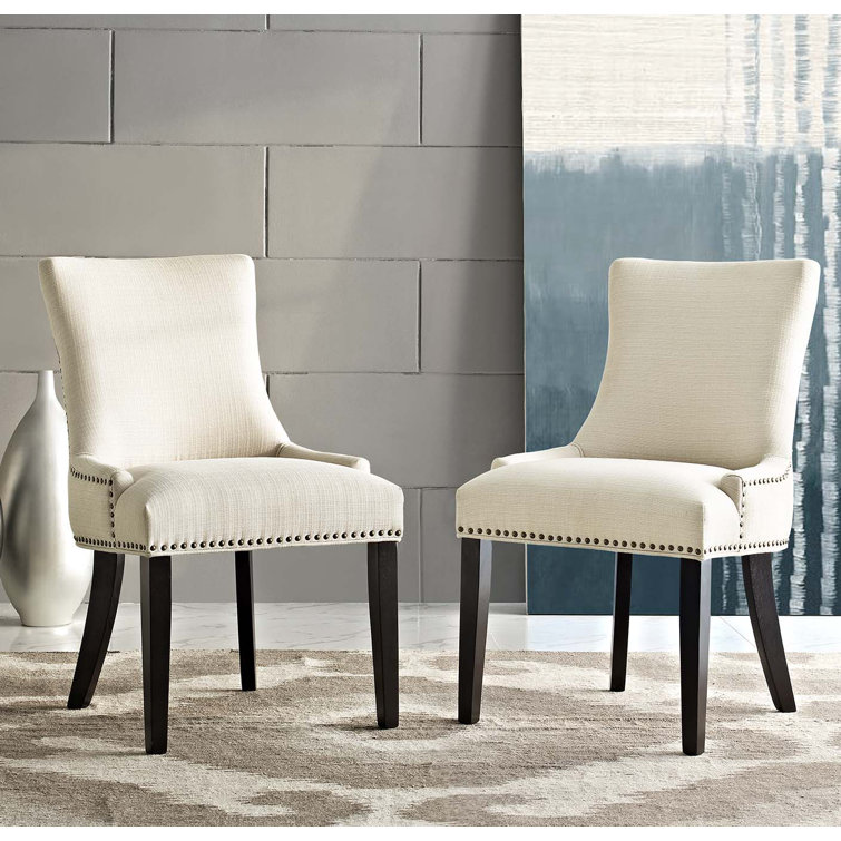 Beige Upholstered Faux Leather Parsons Side Chair with Wood Legs