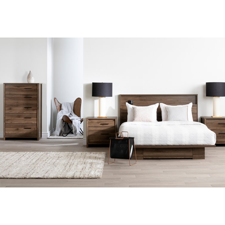 Natural Walnut Queen Platform Bed with Storage Drawer