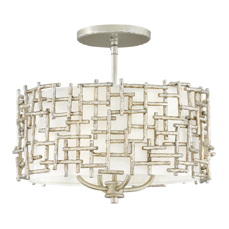Farrah Silver Leaf 4-Light Drum Pendant with White Linen Shade