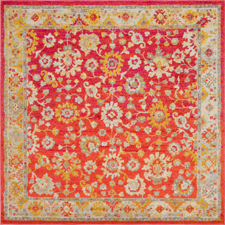 Rust Red Floral Square Stain-Resistant Synthetic Rug