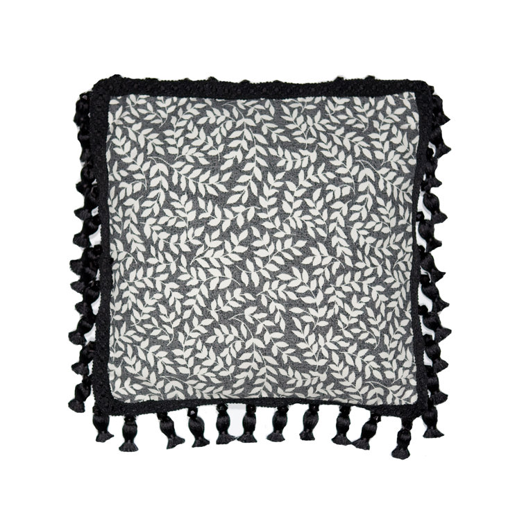 Black and White Floral Cotton Square Pillow with Tassels