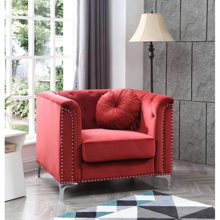 Elegant Burgundy Velvet Wood Armchair with Chrome Accents