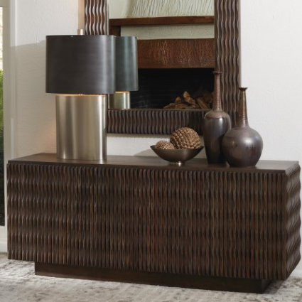 Minuet Carved Mango Wood Buffet in Walnut Grey with Antique Nickel Accents