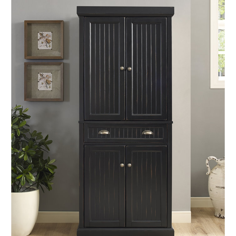 Seaside Distressed Black Solid Hardwood Coastal Pantry Cabinet