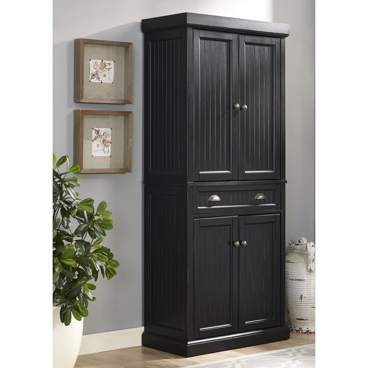 Seaside Distressed Black Solid Hardwood Coastal Pantry Cabinet
