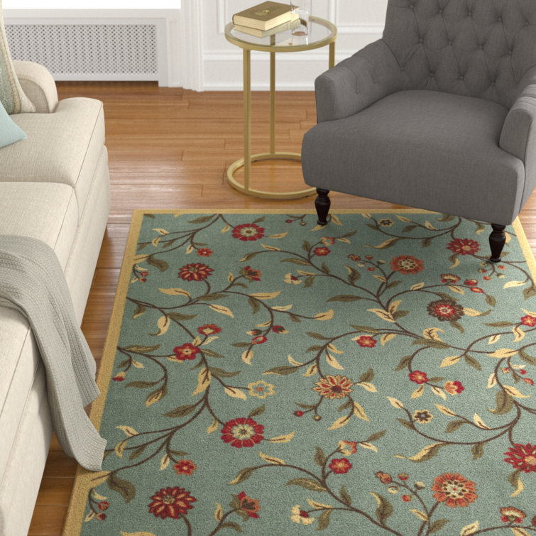 Seafoam Green Floral Design Washable Non-Slip Area Rug