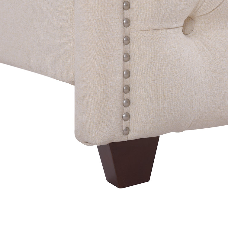 Sky Neutral Queen Upholstered Wingback Bed with Nailhead Trim
