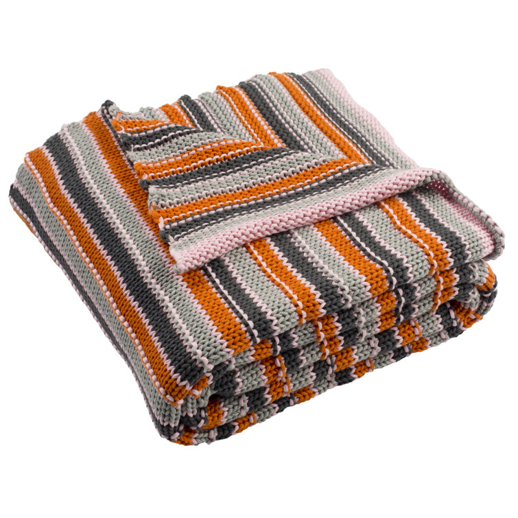 Gray and Orange Cotton Knitted Throw Blanket