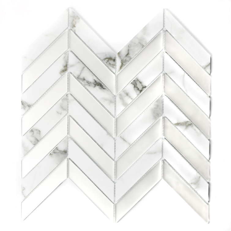 Bianco Carrara White Glass Herringbone Mosaic Tile