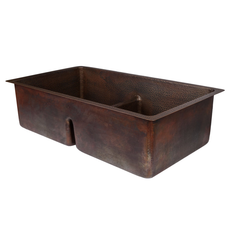 33" Hammered Copper Double Basin Drop-In Kitchen Sink